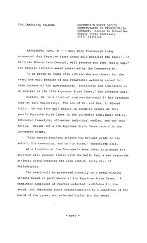 Announces Keystone State Games gold medalist Tim Bixler will receive the 1985 "Kelly Cup," Commonwealth's highest athletic award