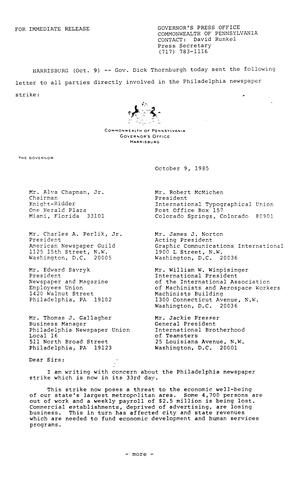 Letter to parties directly involved in Philadelphia newspaper strike