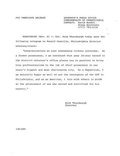 Telegram to Ronald Castille, Philadelphia District Attorney-elect