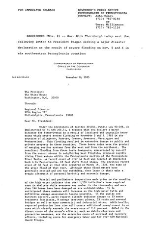 Letter to President Reagan re. seeking major disaster declaration as a result of severe flooding in six Southwestern PA counties