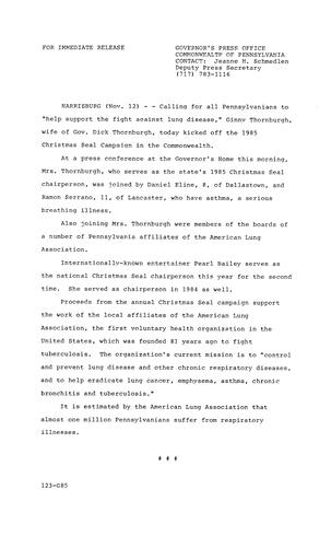 Ginny Thornburgh kicks off 1985 Christmas Seal Campaign