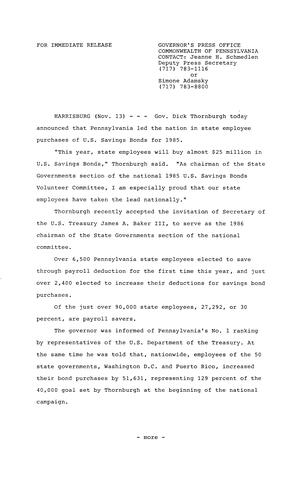 PA leads nation in State employee purchases of U.S. Savings Bonds for 1985