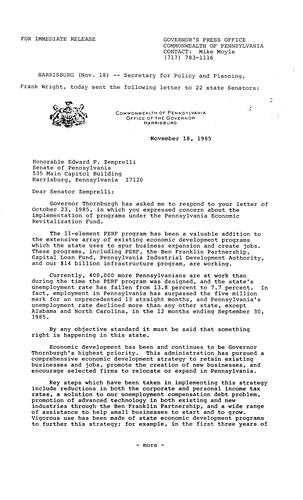 Frank Wright letter to Senator Edward P. Zemprelli re. PA Economic Revitalization Fund