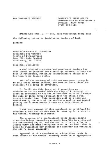 Sends letter to legislative leaders of both parties re. purchase of Pittsburgh Pirates