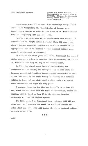 Signed S.B. 421 and H.B. 1892 designating PA Holiday in honor of Dr. Martin Luther King Jr. on January 20