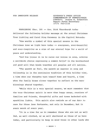 Statement: Holiday message at annual Christmas Tree lighting and Carol Sing Ceremony
