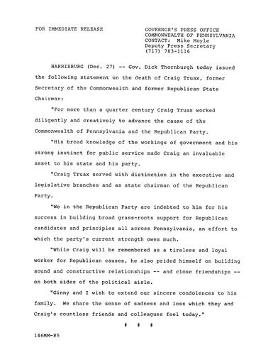 Statement: death of Craig Truax, former Secretary of the Commonwealth and former Republican State Chairman