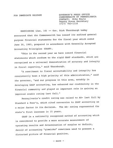 Commonwealth issues audited general purpose financial statements for fiscal year ending June 30, 1985 prepared in accordance with GAAP