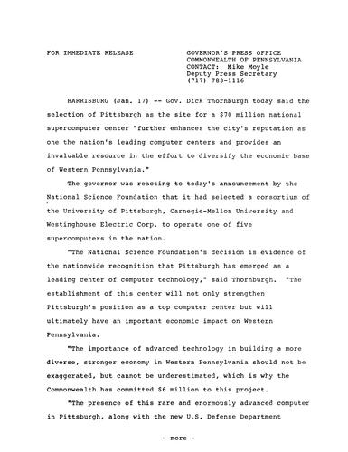 Selection of Pittsburgh as site for $70 million National Supercomputer Center by National Science Foundation