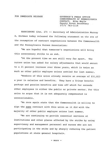 Administration Secretary Murray G. Dickman: PA Nurses Association contract negotiations