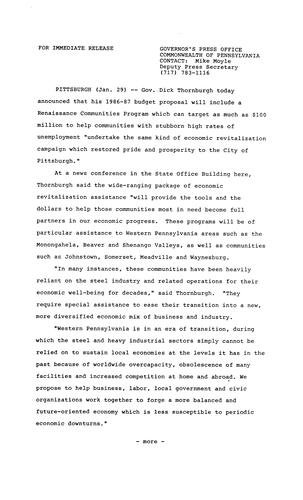 1986-87 Budget Proposal will include a Renaissance Communities Program