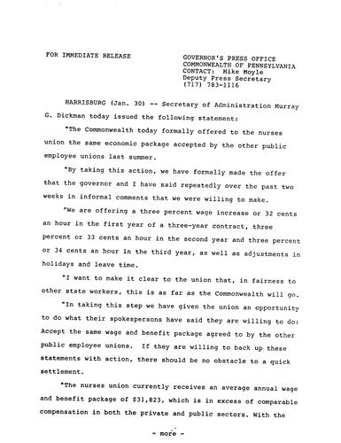 Administration Secretary Murray G. Dickman: PA Nurses Association contract negotiations
