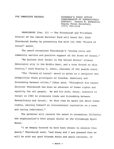 Pittsburgh and Tri-state Council of Jewish National Fund will present Governor with 1986 "Friend of Israel" award
