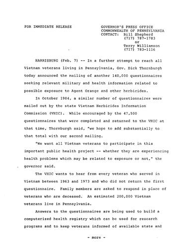 Announces mailing of 140,000 questionnaires seeking relevant military and health information related to exposure to Agent Orange and other herbicides