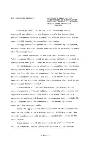 Announces changes in Commonwealth's low-income Home Energy Program to provide additional aid to 400,000 households throughout state