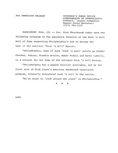 Telegram to Rock 'n Roll Hall of Fame executive director re. Philadelphia's bid to become home of national "Rock 'n Roll" museum