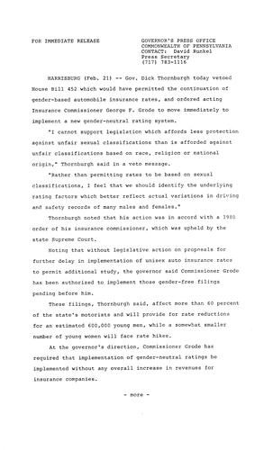 Veto: H.B. 452 gender-based automobile insurance rates
