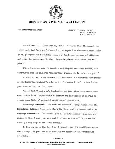 Governor Dick Thornburgh selected Campaign Chairman for RGA