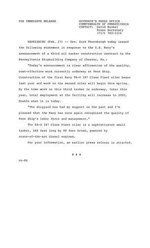 Statement: U.S. Navy's announcement of third oil tanker construction contract to PA Shipbuilding Company of Chester, PA