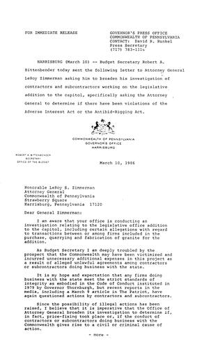 Budget Secretary Robert Bittenbender: Letter to Attorney General LeRoy Zimmerman re. investigations of capitol addition contractors and subcontractors