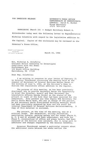 Budget Secretary Robert Bittenbender: Letter to Representative Colafella re. legislative addition to Capitol