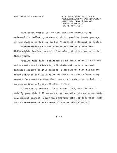 Statement: Senate passage of legislation of Philadelphia Convention Center