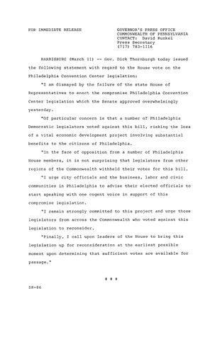 Statement: House vote on Philadelphia Convention Center legislation