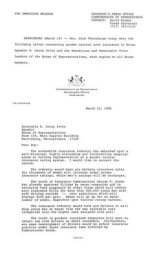 Letter to House Speaker K. Leroy Irvis re. gender-neutral auto insurance