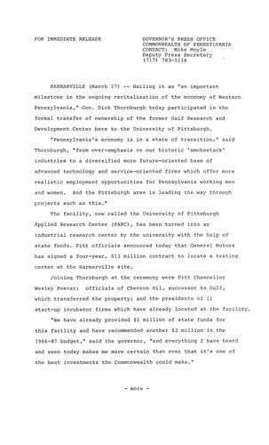 Participates in formal transfer of ownership of former Gulf Research and Development Center to University of Pittsburgh