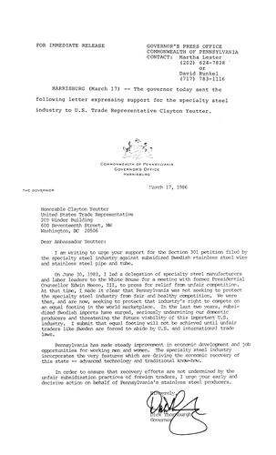 Letter supporting specialty steel industry to U.S. Trade Representative Clayton Yeutter