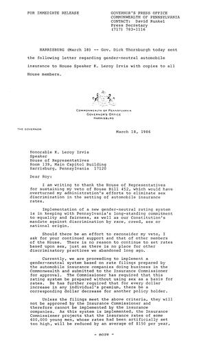 Letter to House Speaker K. Leroy Irvis re. gender-neutral auto insurance; copies to all House members