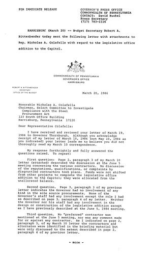 Budget Secretary Robert Bittenbender: Letter to Representative Nicholas Colafella re. Legislative office addition to Capitol
