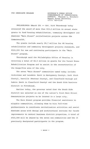 $10.2 million in annual State grants to fund "main street" revitalization projects across PA