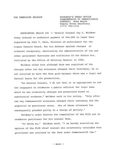 Jay C. Waldman: Refuses to authorize legal fees requested by John T. Hale of LCB