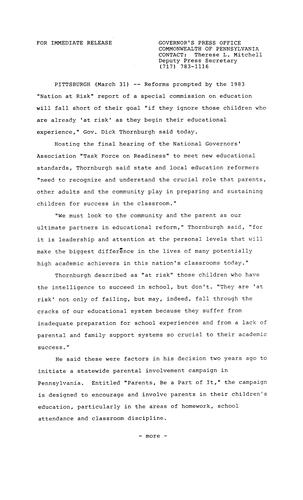 Hosts final hearing of National Governors Association (NGA) "Task Force on Readiness" for children "at risk"