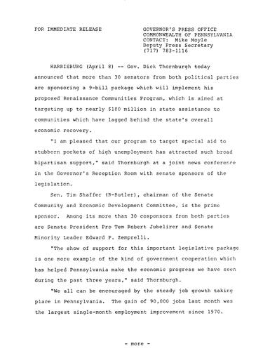 30 senators from both political parties are sponsoring 9-bill package to implement proposed Renaissance Communities Program