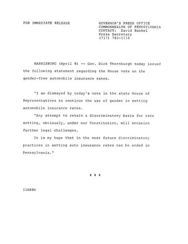 Statement: House vote on gender-free automobile insurance rates