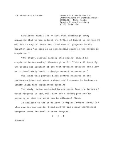 Orders Office of Budget to release $6 million in capital funds for flood control projects in Scranton area