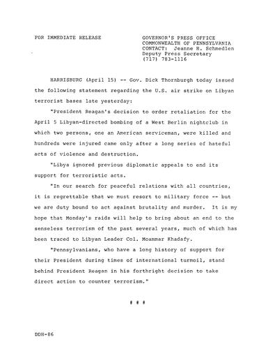 Statement: U.S. air strike on Libyan terrorist bases