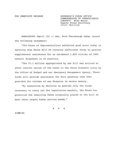 Statement: House of Representatives agrees that H.B. 66 contains sufficient funds to provide supplemental assistance for 1,800 victims of 1985 natural disasters