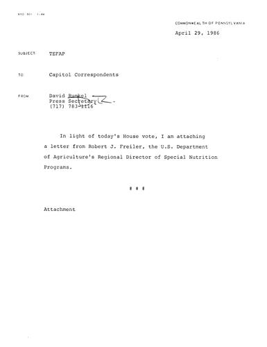 Robert J. Freiler, U.S. Department on Agriculture's Regional Director of Special Nutrition Programs letter re. TEFAP