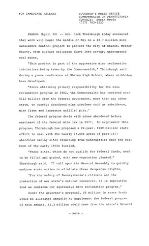 Work will begin in May on $2.7 million Mine Subsidence Control Project to protect city of Sharon from surface collapses