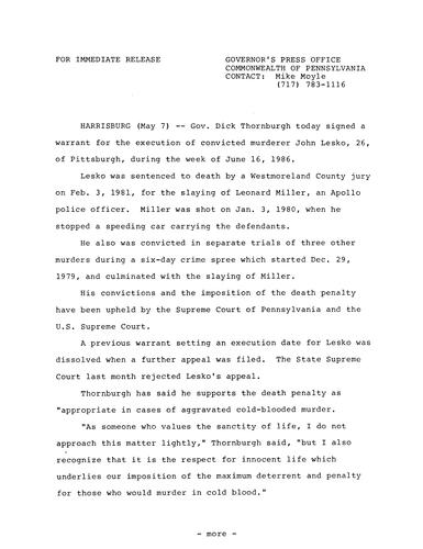 Signs warrant for execution of convicted murderer John Lesko