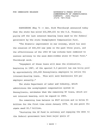 State wires $31,989,631 to U.S. Treasury, paying off last interest bearing loans owed federal government by state U.C. Fund