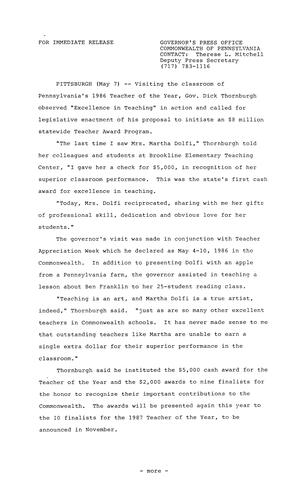 Remarks: Classroom of PA's 1986 Teacher of the Year