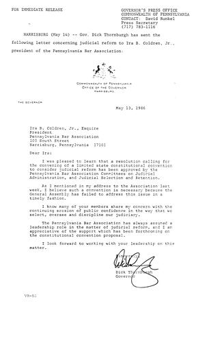 Letter to Ira B. Coldren, Jr., PA Bar Association President re. Judicial Reform
