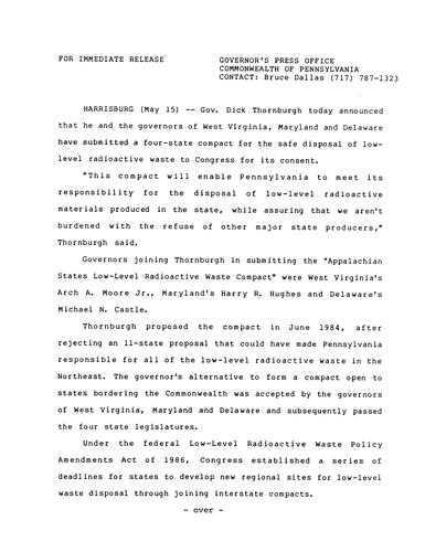 Joins governors of West Virginia, Maryland and Delaware in submitting four-state compact re. low level radioactive waste to Congress for its consent
