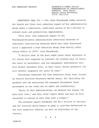 Fourth and final cost reduction report of Thornburgh Administration showing eight-year saving of $61 billion in reduced costs and productivity improvements