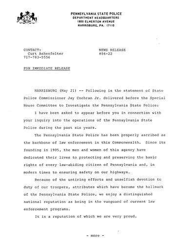 State Police Commissioner Jay Cochran, Jr.: Speech before Special House Committee to Investigate PA State Police