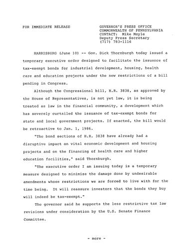 Temporary Executive Order to facilitate issuance of tax-exempt bonds for industrial development\, housing, health care and education projects